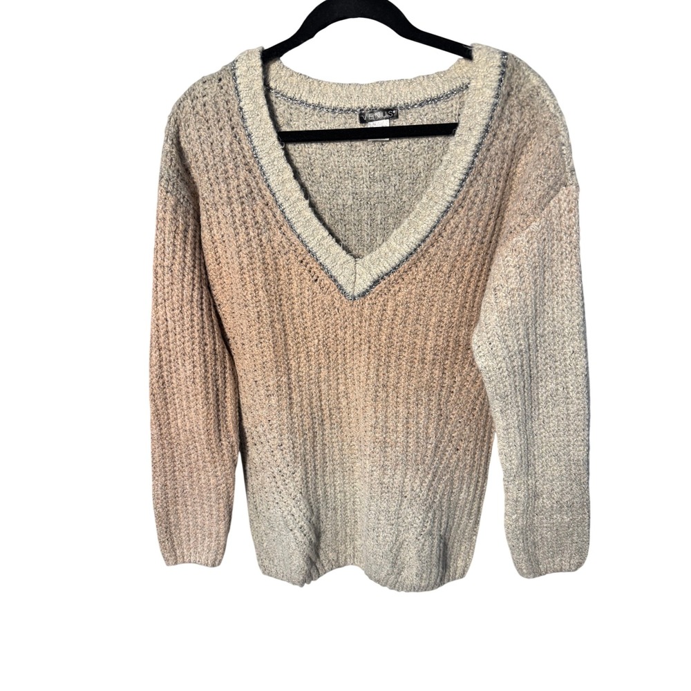 Venus Ombre V-Neck Sweater Tan Peach Cream Shaker Rib Knit Metallic Trim Large